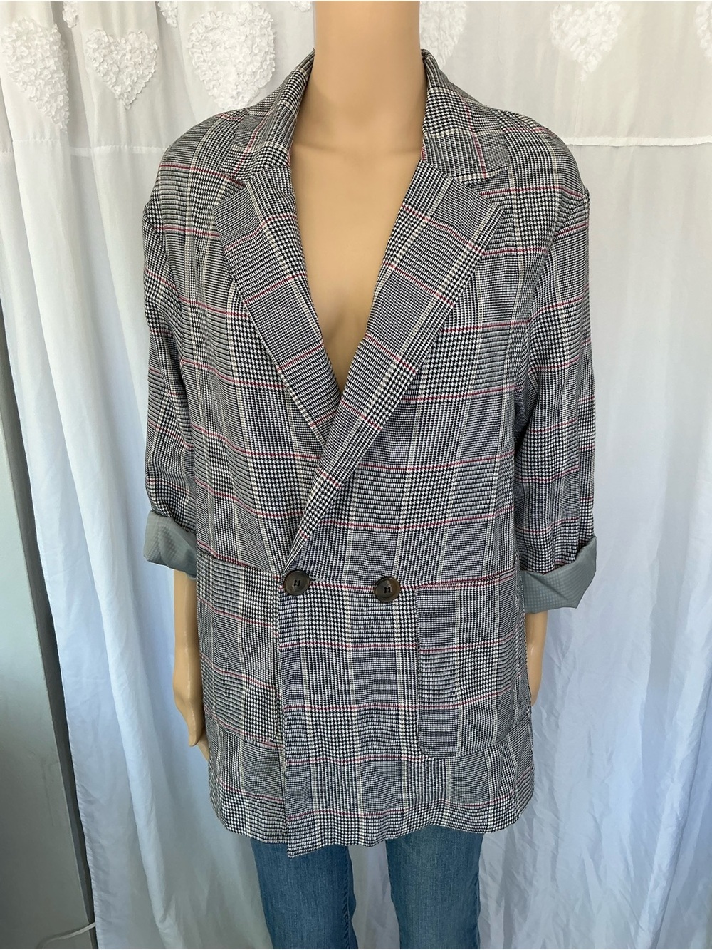 Women's Seek  Double-Breasted Glen Plaid Blazer with Pink Windowpane Size Small